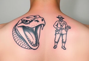 A snake with alien eyes full mouth of teeth and a guy with a saddle tattoo idea