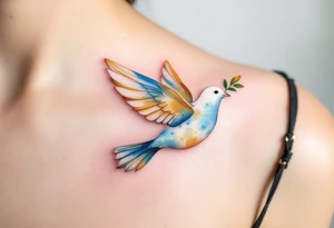 Dove of Peace – A gentle white dove in flight, with blue and gold feathers, carrying an olive branch in its beak, symbolizing peace and the Holy Spirit. tattoo idea