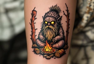 Domovoi Spirit – A small, bearded creature in fur and linen with glowing yellow eyes, sitting by a hearth with amber flames and wooden textures in brown and ochre. tattoo idea