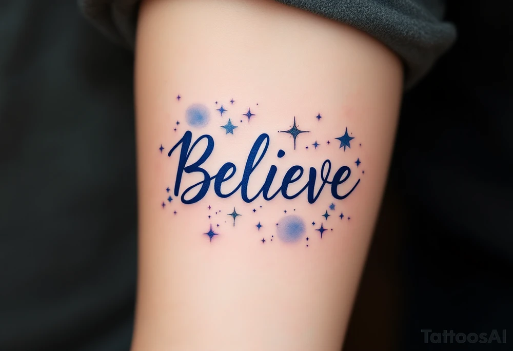 A bold "Believe" in deep midnight blue script, surrounded by sparkling stars to symbolize hope and faith in the universe. tattoo idea