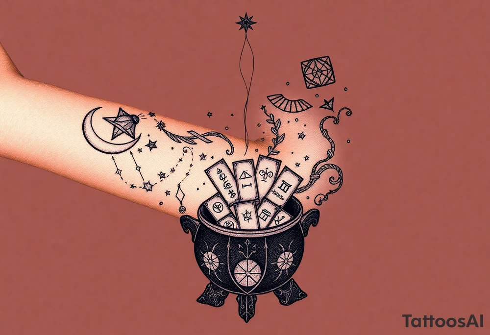 Milky way filled with zodiac symbols runes tarot cards coming out of a cauldron tattoo idea