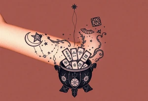 Milky way filled with zodiac symbols runes tarot cards coming out of a cauldron tattoo idea