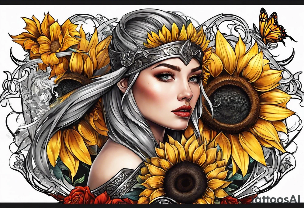 Sunflower viking sleeve tattoo idea