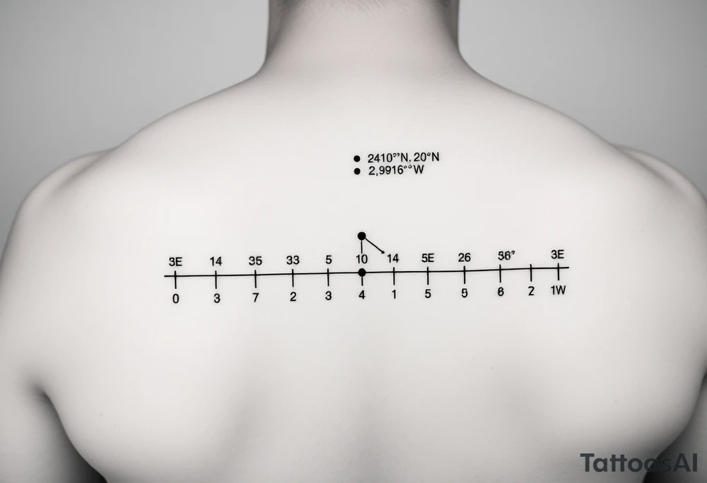 "24°10′N, 20°16′E". Below the second dot, write: "53.4084°N, 2.9916°W". Above each coordinate, place a small circle or marker dot to signify key points. Beneath the entire timeline, add a single row of visual Morse code symbols using only dots (●) and dashes (—), arranged like this: — ● — ●   ● —   ● — ●   — — —   ● — ● ●   ● ●   — ● ●   ● — tattoo idea