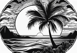 palm tree front of a sunset and waves tattoo idea