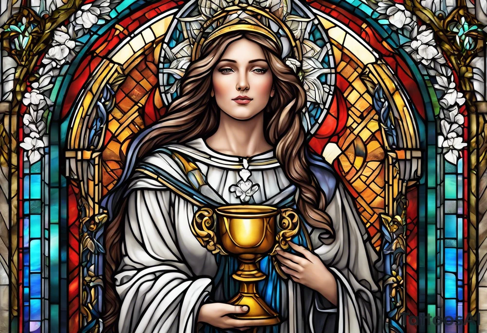 holy saint woman with halo stained glass holding a chalice with artillery tattoo idea