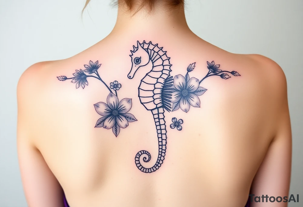 Sea horse flowers and waves tattoo idea