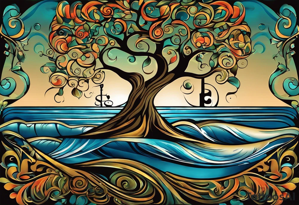 A tattoo design that incorporates the following elements: an abstract tree of life that has roots emerging  from the ground. Waves of water wrap around the tree in a non symmetrical design.  Incorporate musical notes into the tree. the letters U and A are overlapping and engraved into the tree. The game of golf incorporated but not prominent. tattoo idea
