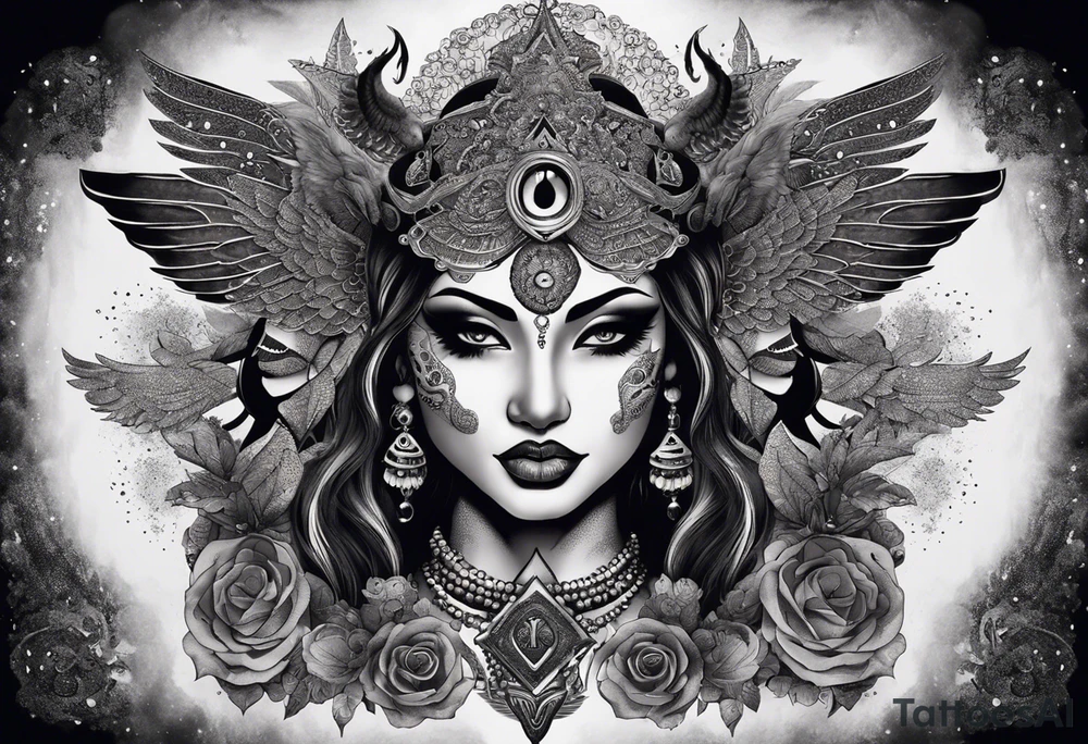 black kali, goddess pirate, alien, angel, pachamama, valkrye, warrior, flying, skull, lotus azul, wing, eagle, zenza resonance, stars, 5D, anahata chakra, death, durga, riding on a tiger, flying lady, kundalini, chest tatoo, samuri, rebel, serpent tattoo idea