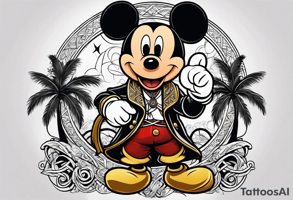 mickey mouse as black flag assassins creed character with palm trees and celtic symbol for family tattoo idea