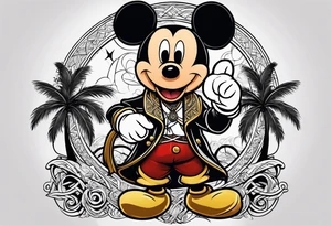 mickey mouse as black flag assassins creed character with palm trees and celtic symbol for family tattoo idea