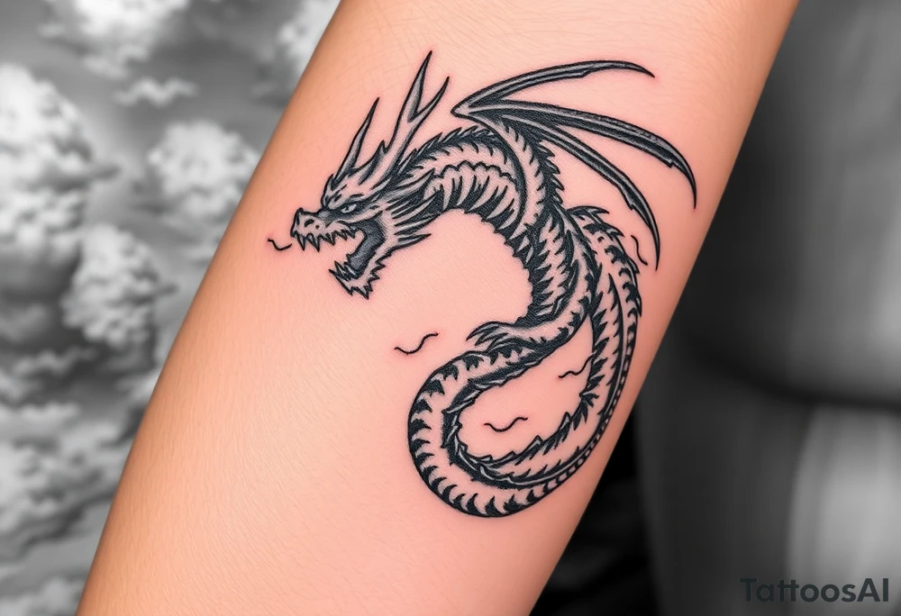 fierce dragon breathing iridescent fire against stormy skies tattoo idea