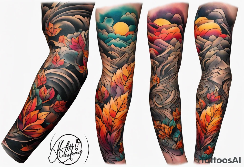 Arm Sleeve Tattoo with fall colors flat tattoo idea