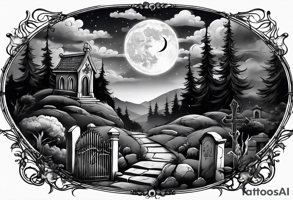 Graveyard with moon and smoke tattoo idea