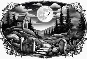 Graveyard with moon and smoke tattoo idea