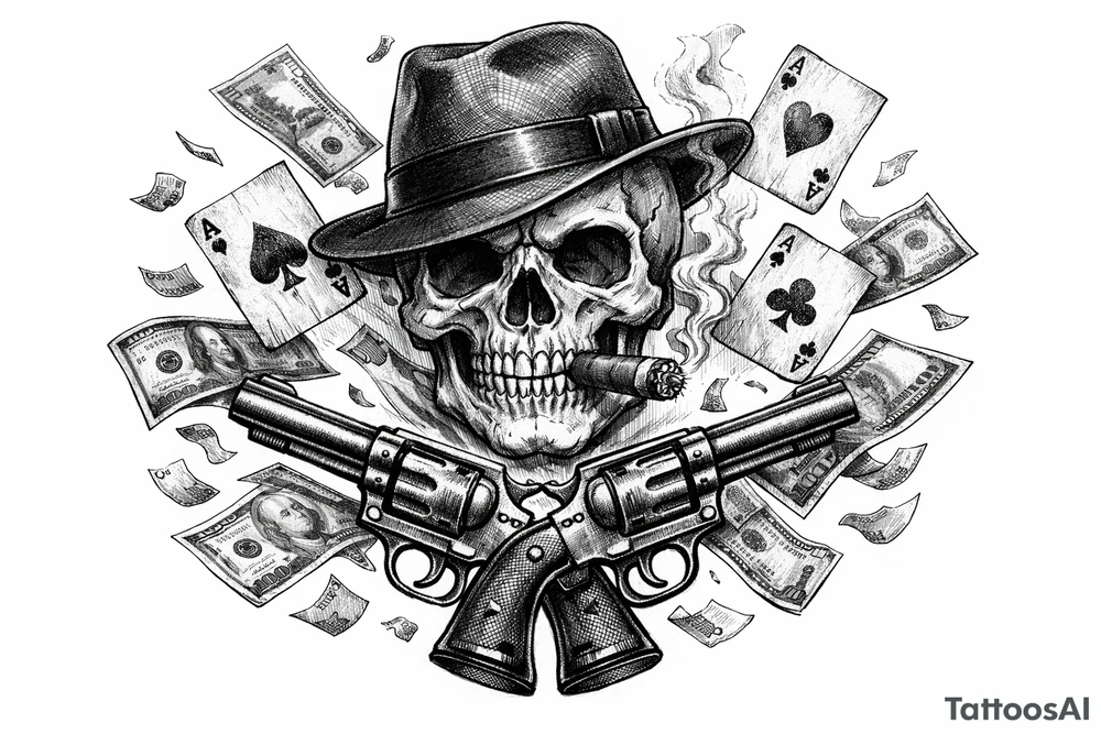 Skull in fedora, cigar, crossed revolvers, flying cards, falling money. tattoo idea
