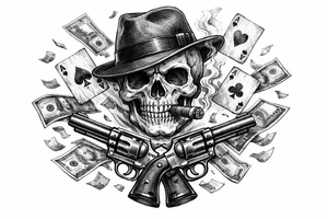 Skull in fedora, cigar, crossed revolvers, flying cards, falling money. tattoo idea