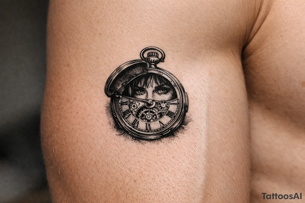 Victorian pocket watch, Margo's face peering from open lid, brass gears. tattoo idea
