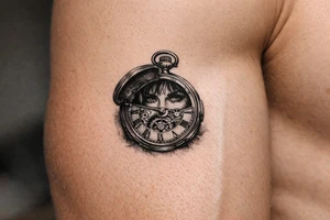 Victorian pocket watch, Margo's face peering from open lid, brass gears. tattoo idea