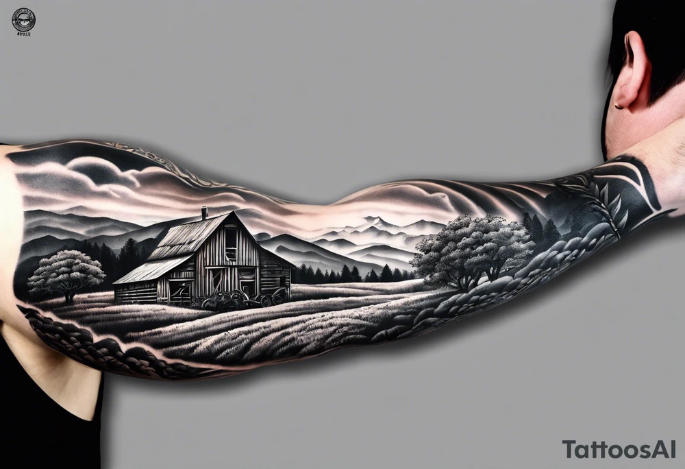 Men’s full arm sleeve. Rolling fields and the Tennessee mountains. With 4 Great Dane heads intertwined in the sleeve. tattoo idea