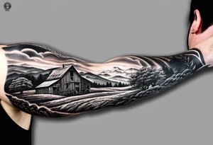 Men’s full arm sleeve. Rolling fields and the Tennessee mountains. With 4 Great Dane heads intertwined in the sleeve. tattoo idea
