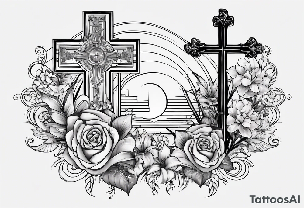 A tattoo to draw on my right arm with a mix with the cross of Jesus and with some things symbolizing my wife, my daughter, my 2 dogs, some musical elements about keyboards and pianos too and some elements that remember Brazil and the USA tattoo idea
