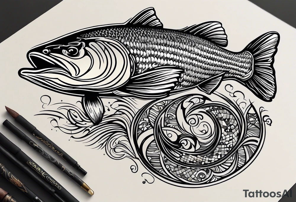 A small tattoo with a shaded trout and text that says, 'Como la trucha...' drawn with fine lines." tattoo idea