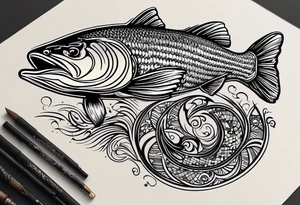A small tattoo with a shaded trout and text that says, 'Como la trucha...' drawn with fine lines." tattoo idea