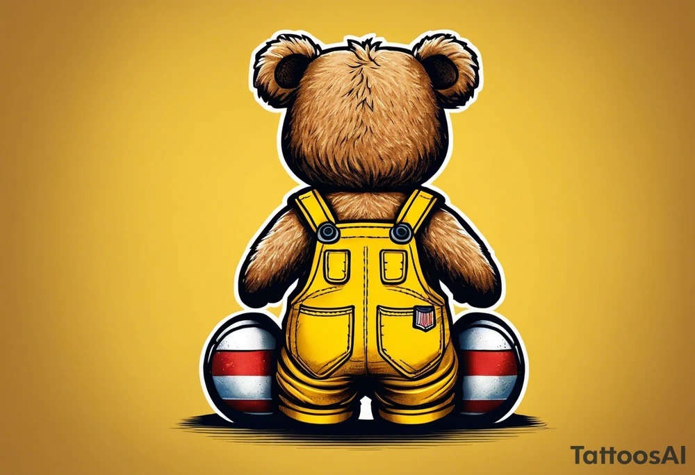 image of the back of a light brown teddy bear standing in yellow overalls, white tank top, striped boots and holding his left arm up tattoo idea