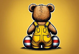 image of the back of a light brown teddy bear standing in yellow overalls, white tank top, striped boots and holding his left arm up tattoo idea