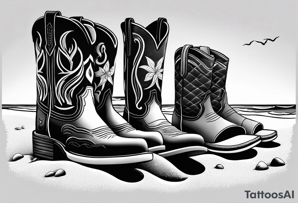 Keep it simple. A pair of outdoor boots next to two flip flops and a cowboyhat on the Beach. tattoo idea