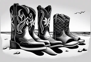 Keep it simple. A pair of outdoor boots next to two flip flops and a cowboyhat on the Beach. tattoo idea