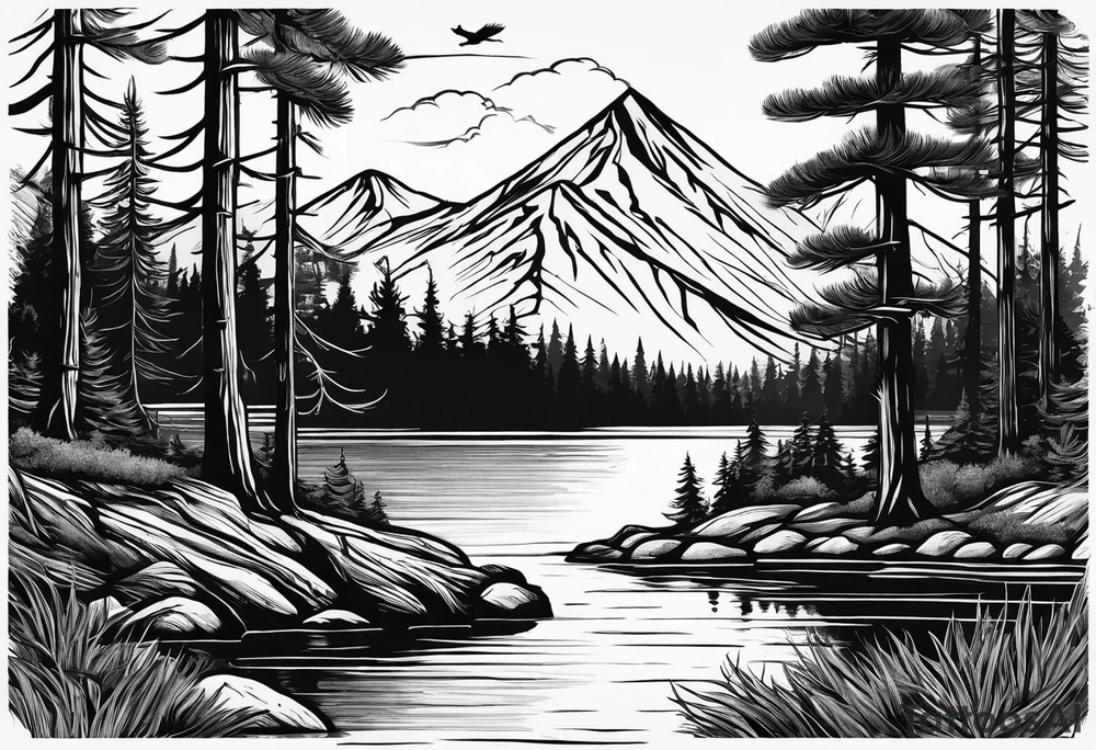 Pine forest with a river, a small tent with a campfire, and a deer tattoo idea