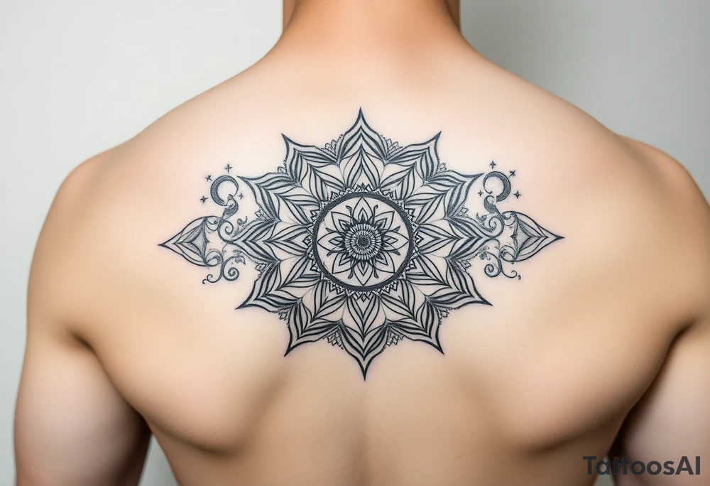 intricate mandala with sacred geometry and cosmic elements tattoo idea
