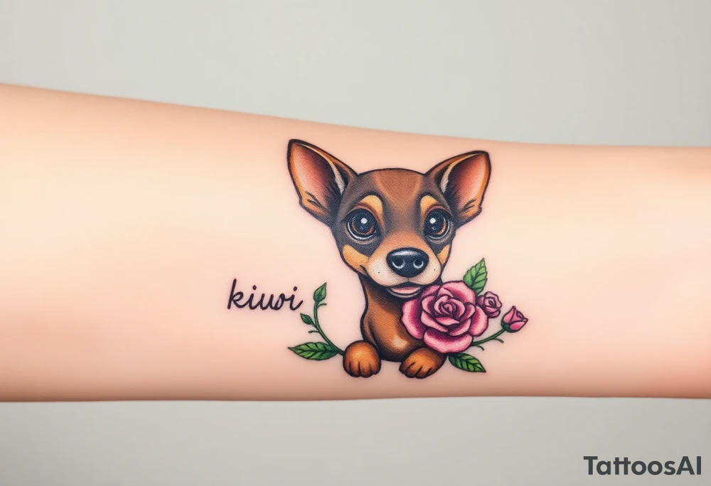 Cute female  hound dog mix Brindle dog with the name kiwi . And a tiny rose around her . With her ears pointy a little big tattoo idea
