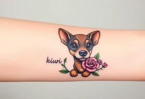 Cute female  hound dog mix Brindle dog with the name kiwi . And a tiny rose around her . With her ears pointy a little big tattoo idea