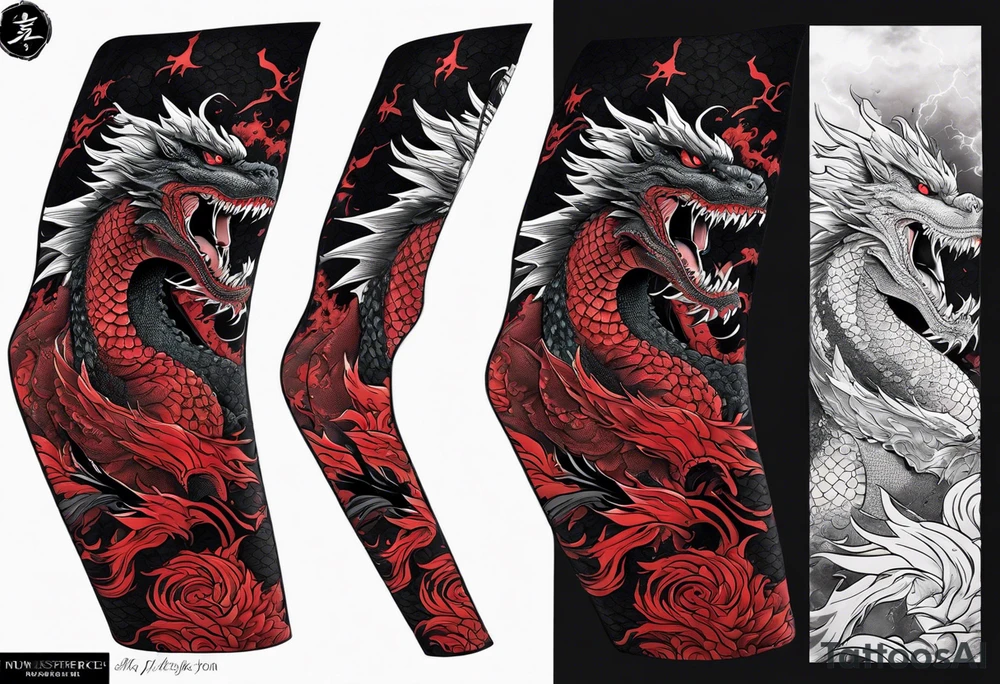 godzilla inspired dragon irezumi arm sleeve in black and red with water and lightning tattoo idea
