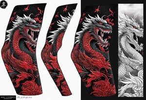 godzilla inspired dragon irezumi arm sleeve in black and red with water and lightning tattoo idea