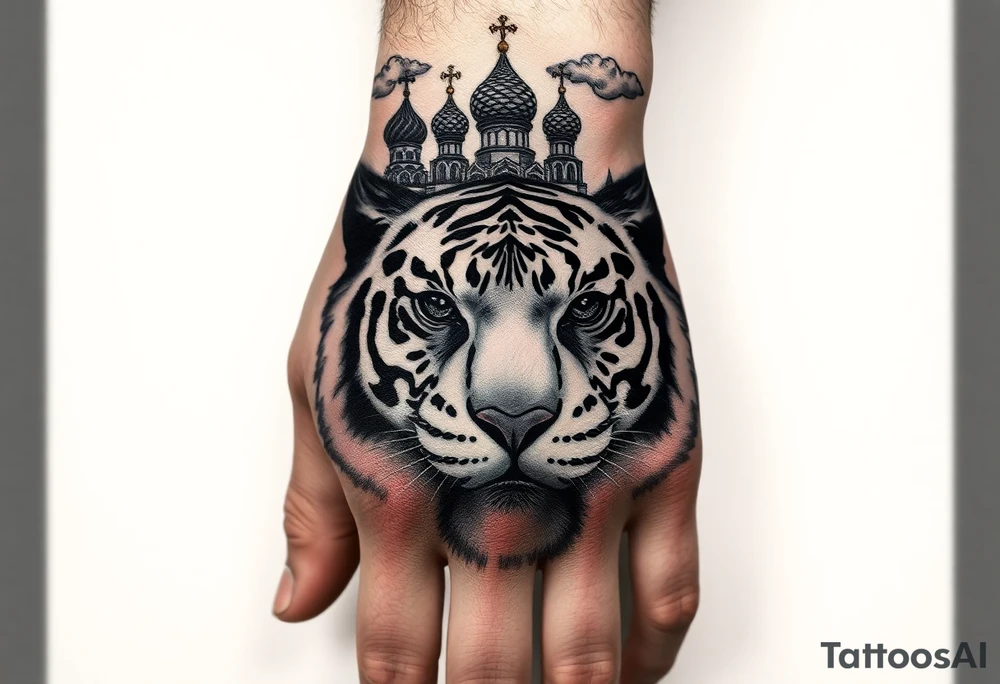 Realistic relic style tiger face on the back of the hand with strong contrast and fine detail with its eyes completely black. with a highly detailed Russian Orthodox cathedral sitting above on fore arm with onion domes and orthodox crosses, done in fine line, engraving-like style. Cohesive composition, black ink only, no color, high contrast, slightly aged, documentary-style, plain light background. with clouds above and a virgin mary 
spanning from my hand to lower fore arm tattoo idea