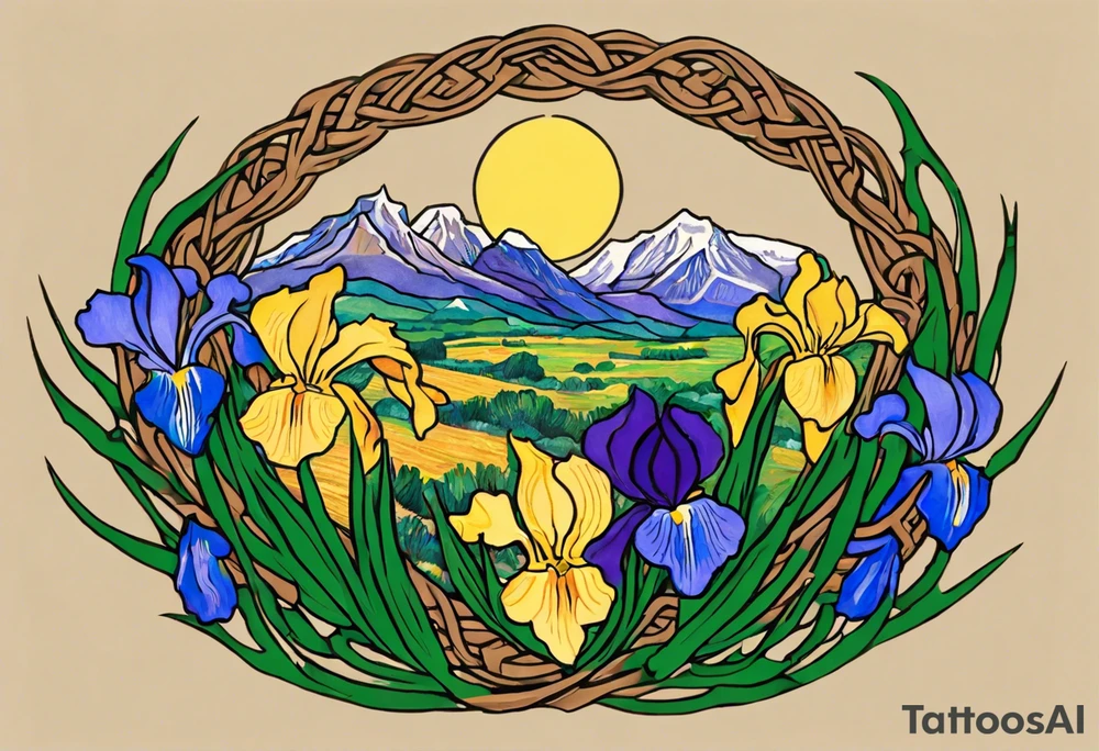 Create a small colorful Vincent van Gogh Irises tattoo in the form of a crescent, with vines or Celtic knots gracefully intertwining at a central point in the middle of the wreath.  In the middle of the wreath are mountains and other items found in New Mexico. Ensure that the design avoids the appearance of a bush and maintains a more structured and deliberate arrangement. The intended placement is on the upper chest. The overall design should be small in size while maintaining a delicate and artistic aesthetic. Pay attention to the graceful flow of the vines and the placement of the irises to achieve a refined and elegant look. tattoo idea