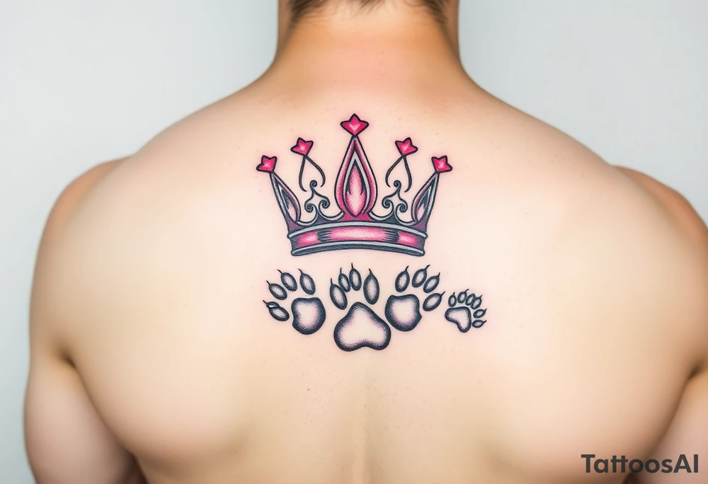 pink princess crown on top of puppy paw prints tattoo idea