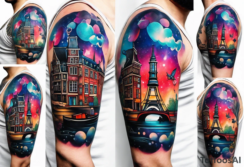 Tattoo of animals in Amsterdam featuring Amsterdam buildings and canal in galaxy colours featuring glass tattoo idea