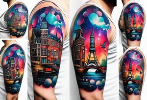Tattoo of animals in Amsterdam featuring Amsterdam buildings and canal in galaxy colours featuring glass tattoo idea