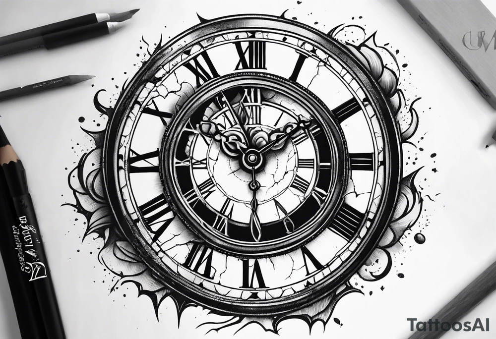vintage cracked clock bleeding tattoo idea