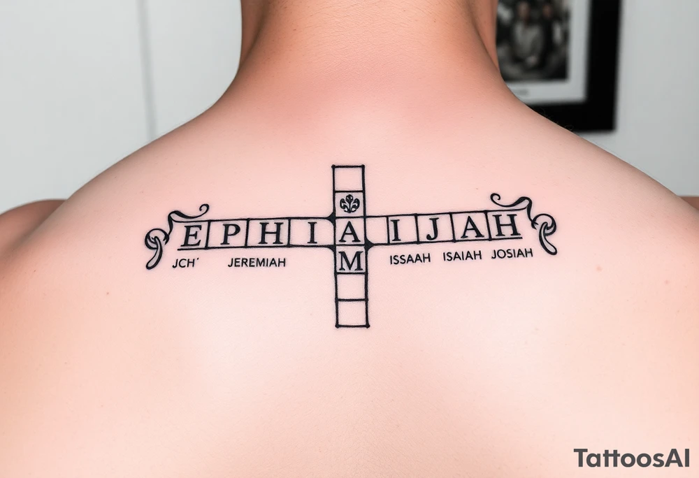 crossword style tattoo with the names 
Sophia, Elijah, Jeremiah, Isaiah, Josiah tattoo idea