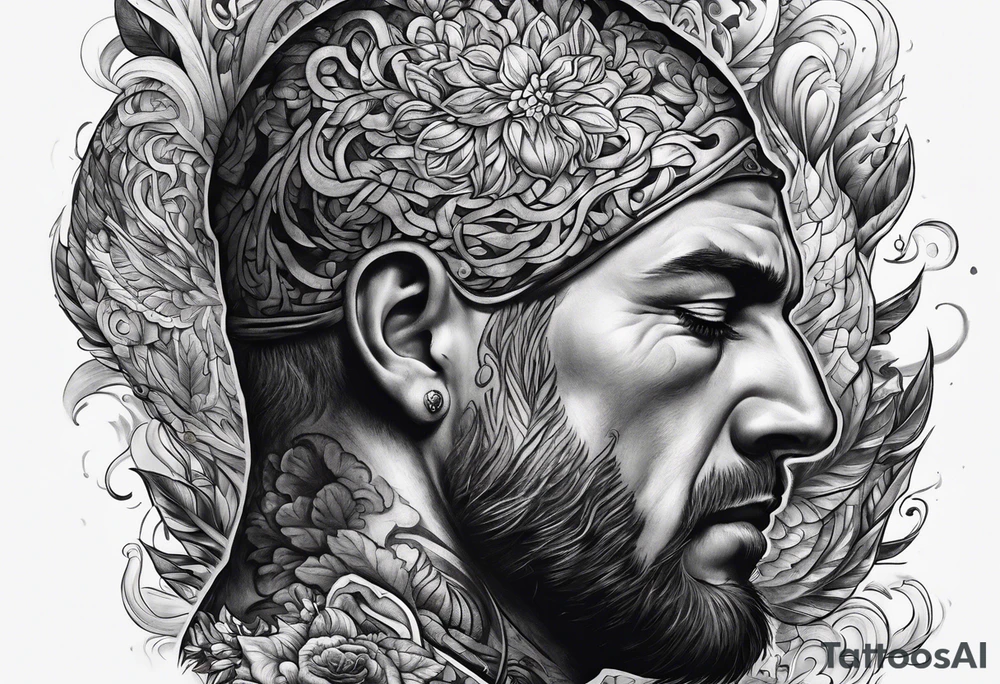 A man struggling a carry a brain tattoo idea