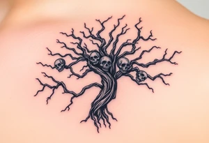 A haunted, twisted tree with ghostly faces in the branches, in deep black and grey tones, symbolizing the dark side of nature tattoo idea