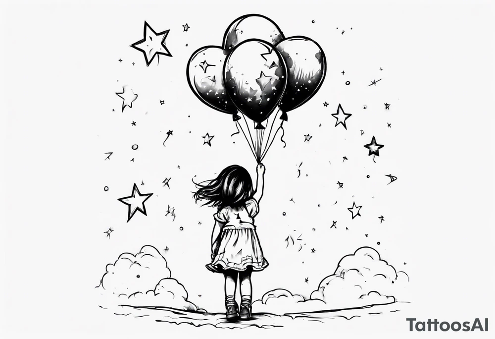 Little girl holding on to heart and star balloons and going up to the sky tattoo idea