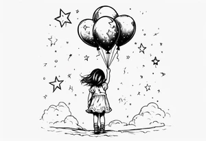 Little girl holding on to heart and star balloons and going up to the sky tattoo idea