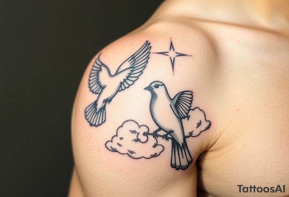 Dove and a blue jay, clouds, shining light to or from heaven tattoo idea